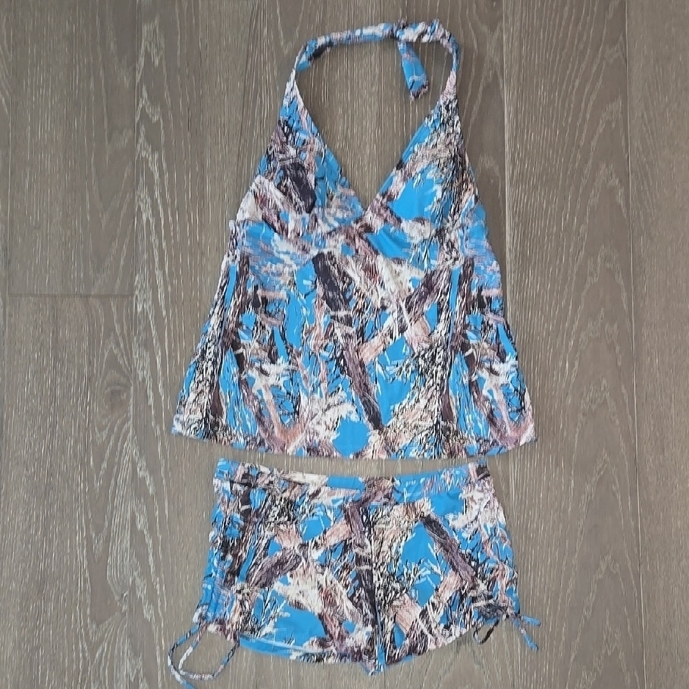 Women's Blue and Brown Halter Swim Set